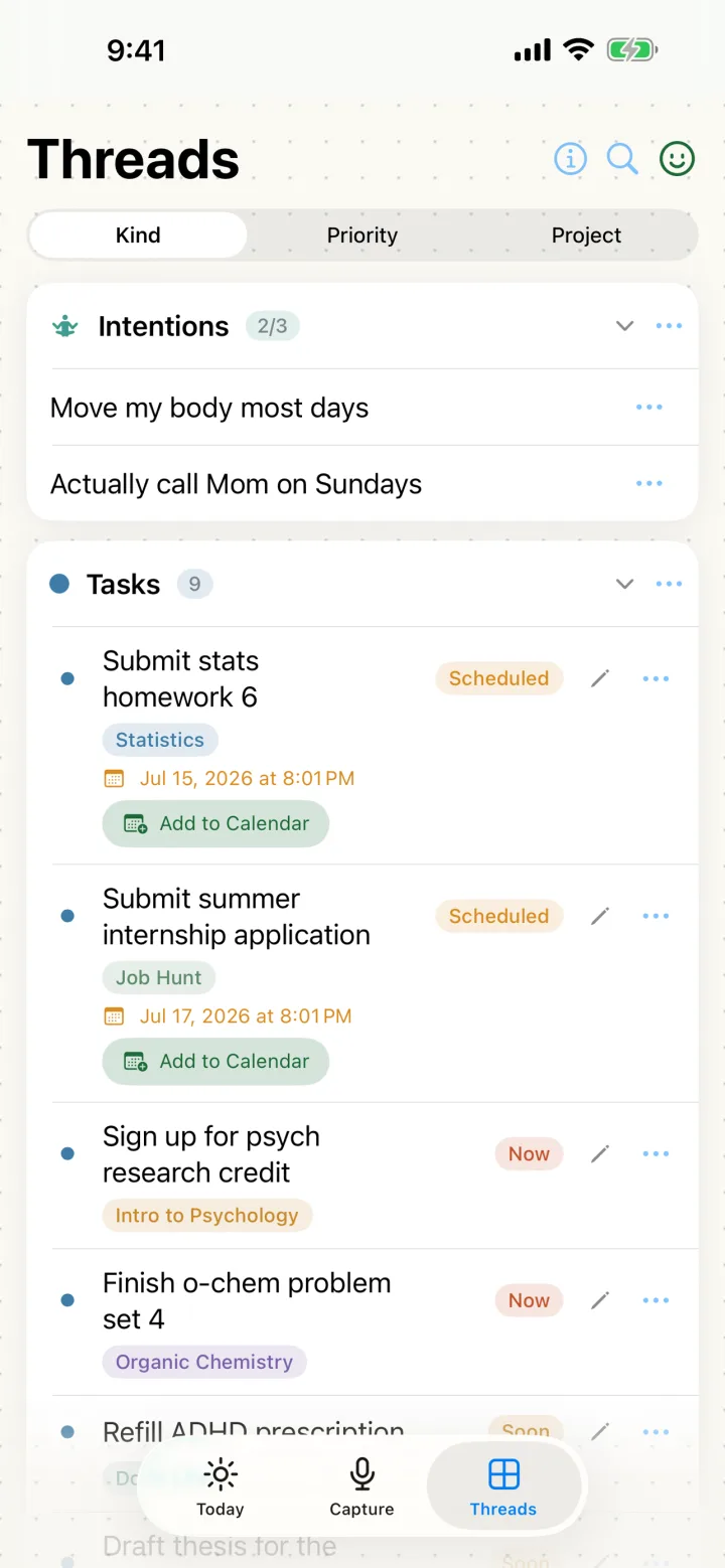 Threads board grouped by kind: Intentions on top, then Tasks with priorities and calendar chips