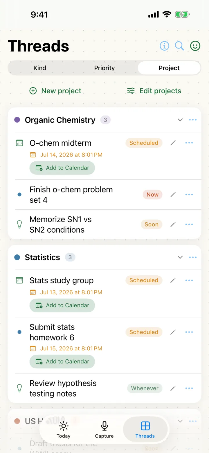 Threads board grouped by project: Organic Chemistry and Statistics groups, with New project and Edit projects controls